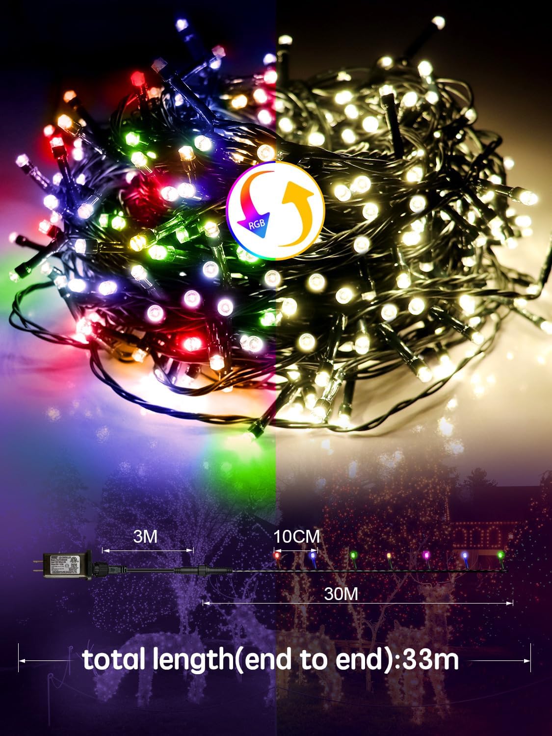 ul-certified string wire, bulbs, and low-power plug; 3000k warm white color temperature