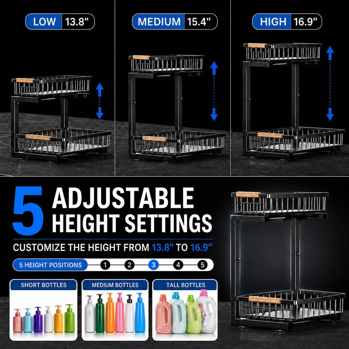 Under Sink Organizer 2 Pack Black Metal Pull Out Drawer, Modern Kitchen Cabinet Storage Upgrade