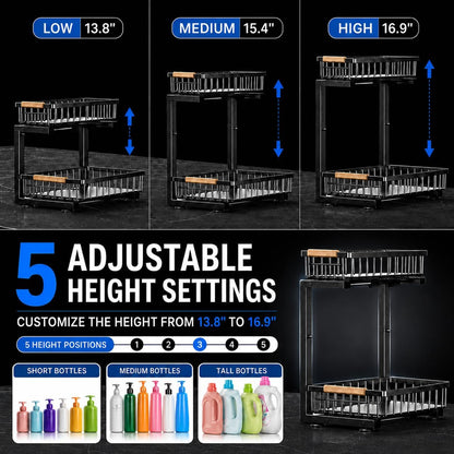 Under Sink Organizer 2 Pack Black Metal Pull Out Drawer, Modern Kitchen Cabinet Storage Upgrade