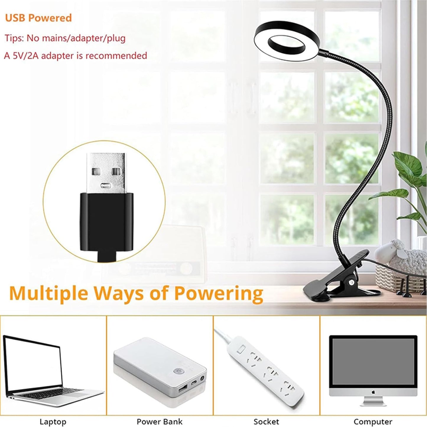 usb plug-in power (5v / 2a recommended) with touch control and glowing blue power indicator