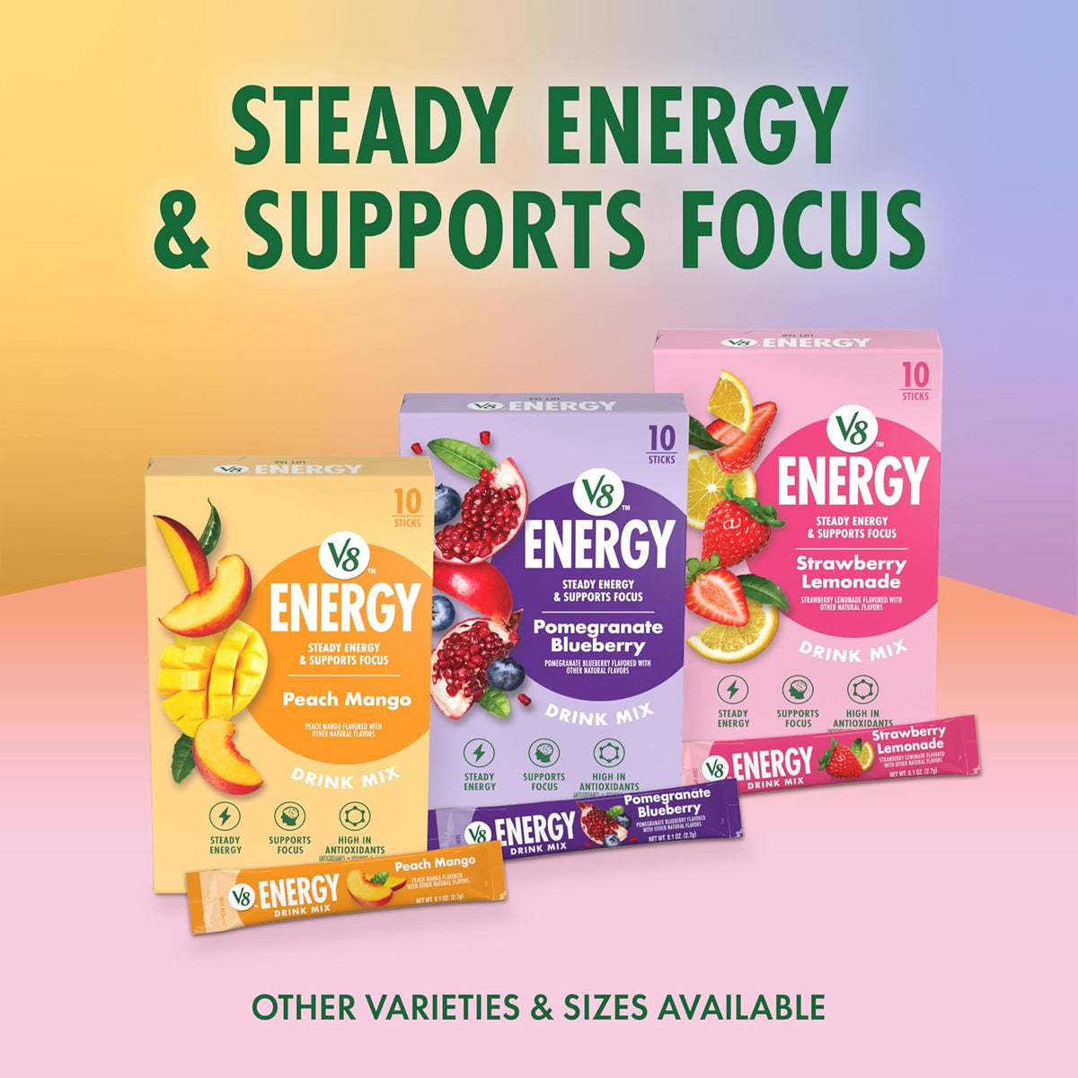 V8 Energy Strawberry Lemonade Energy Drink Powder for Mid-Afternoon Work Boost, No Crash Caffeine