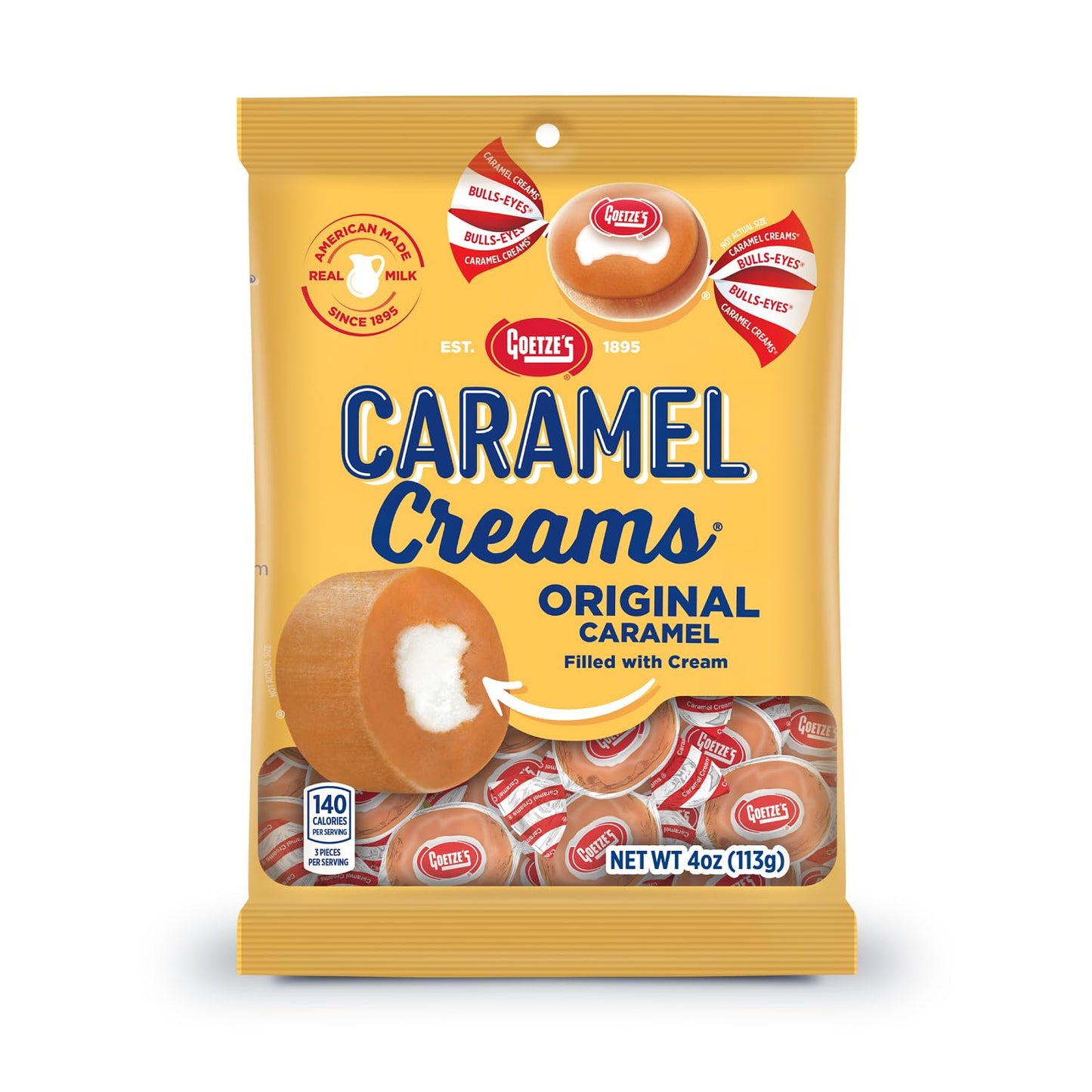 vanilla caramel shell with soft cream center (traditional bullseye-style format)