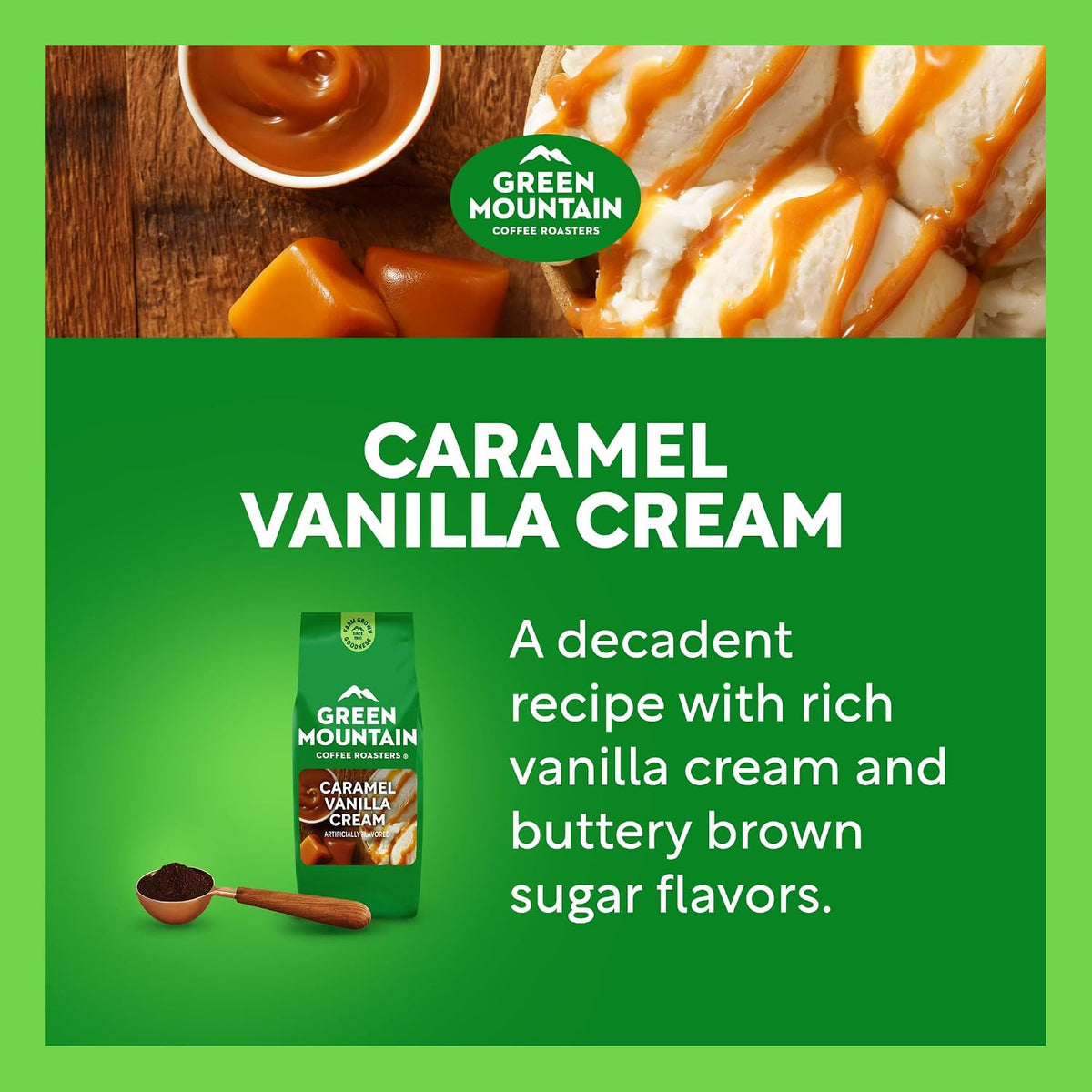 variation options include caramel vanilla cream packs of 1, 2, or 6; caramel pack of 3; wild mountain blueberry pack of 1; and nantucket blend pack of 4