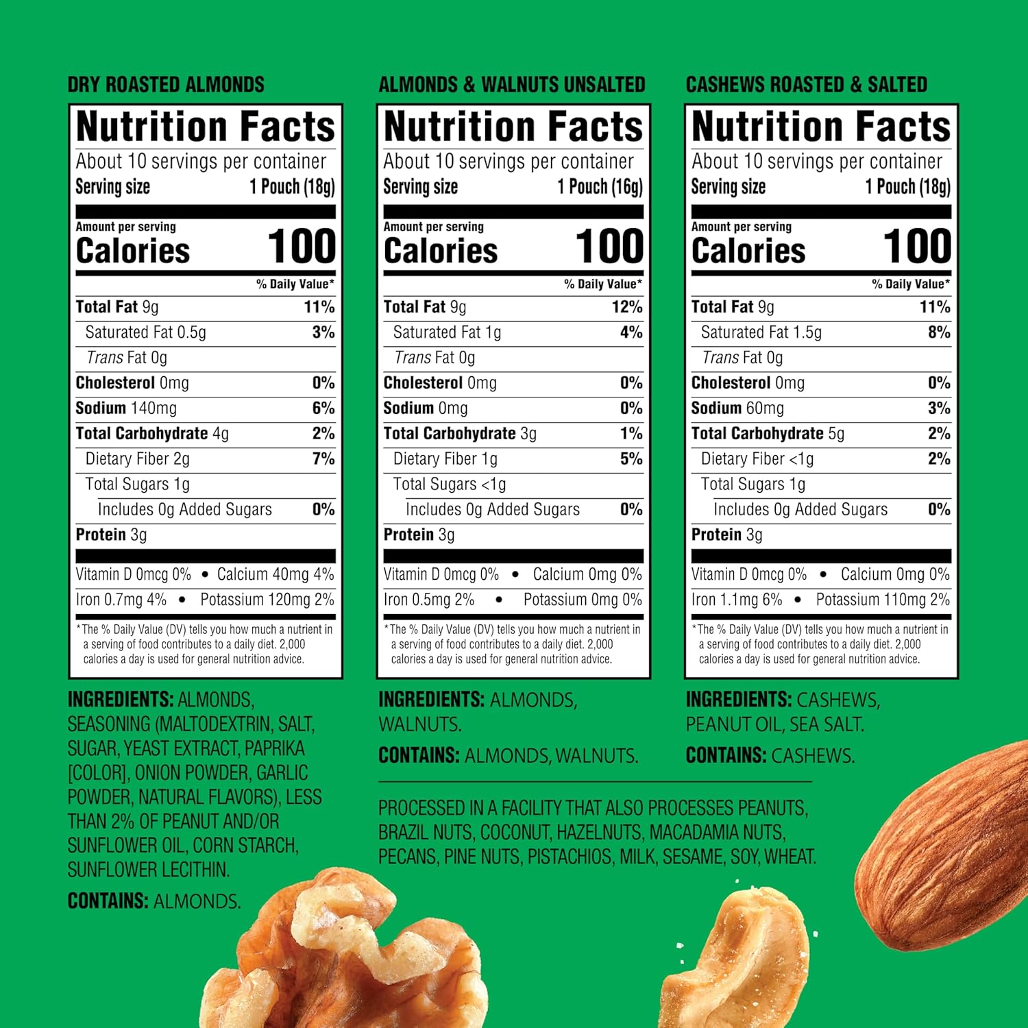 variety includes dry roasted almonds, natural almonds & walnuts, and roasted & salted cashews