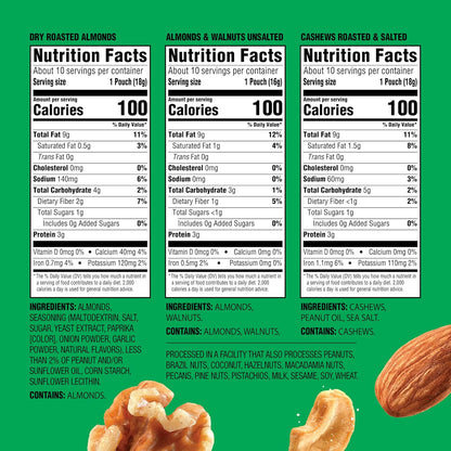 variety includes dry roasted almonds, natural almonds & walnuts, and roasted & salted cashews
