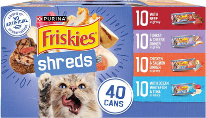 variety pack containing four recipes: chicken & salmon, turkey & cheese, ocean whitefish & tuna, and beef in gravy/sauce