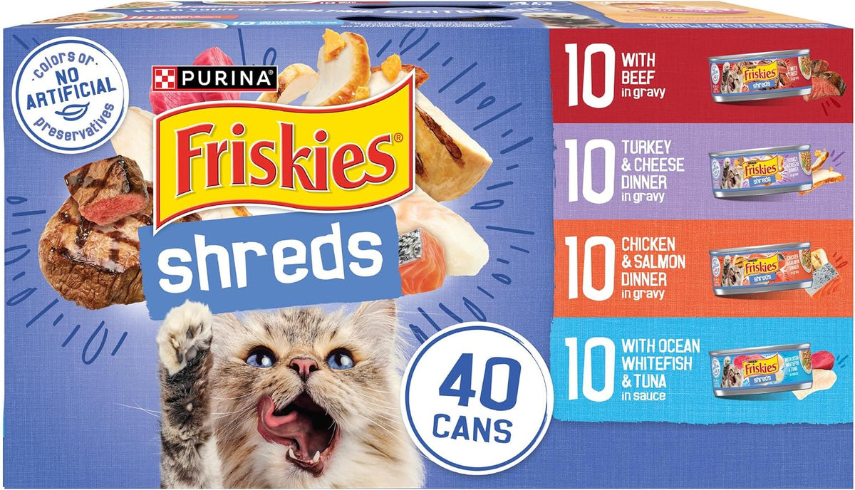 variety pack containing four recipes: chicken & salmon, turkey & cheese, ocean whitefish & tuna, and beef in gravy/sauce