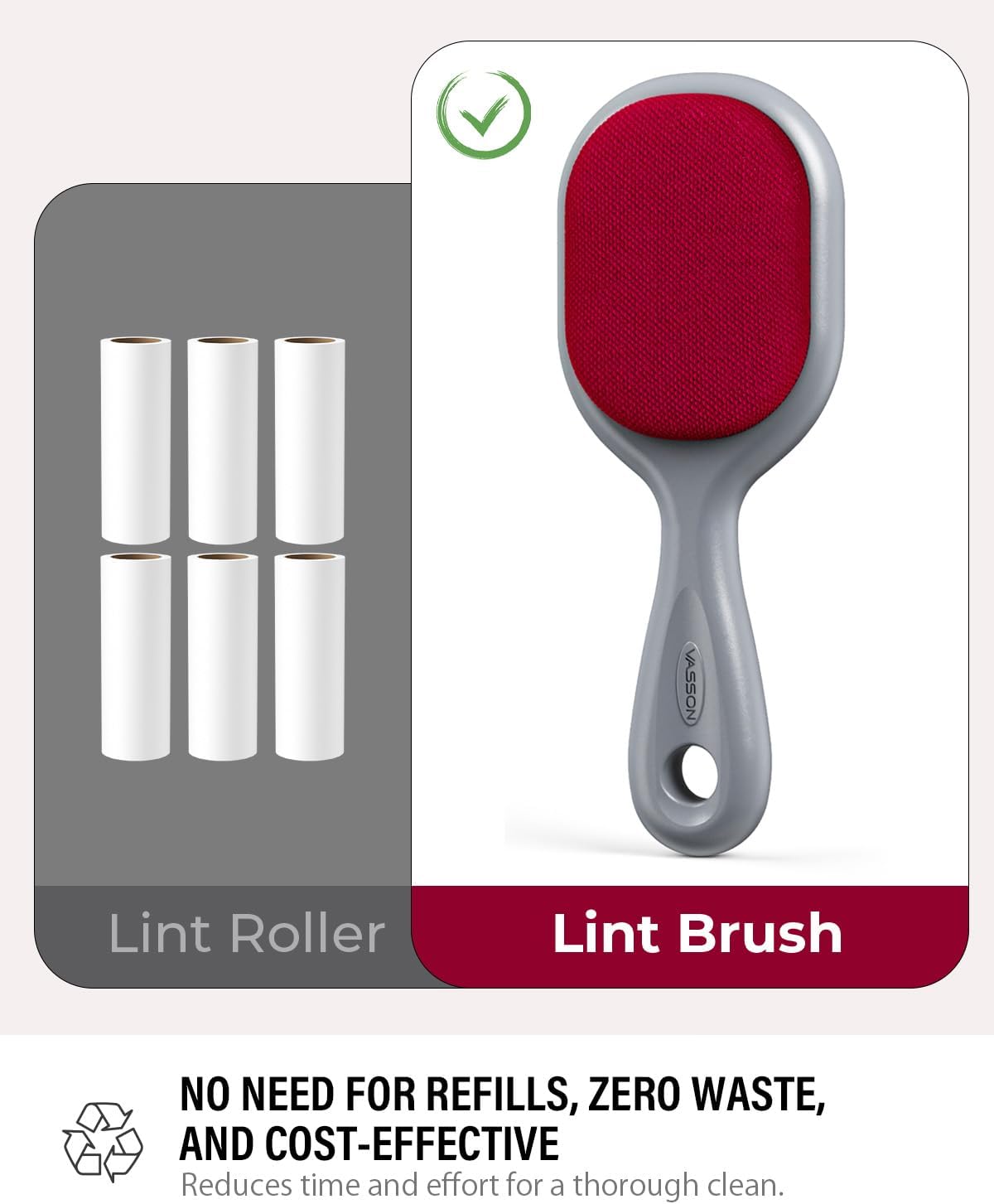 VASSON Double-Sided Velvet Brush – Declutter-Friendly Pet Hair Remover, Single Tool Replaces Disposable Lint Sheets