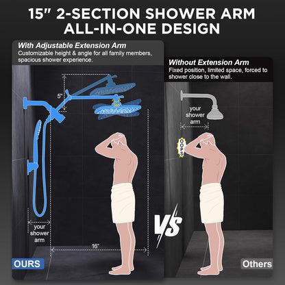 Veken 15 Inch Adjustable Tri-Arm Shower System, Brushed Nickel Finish for Balanced Proportions in Any Bathroom Layout