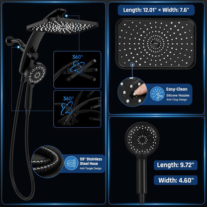 Veken 3 Way Rain Shower System with Magnetic Handheld – Matte Black Accent Fixture for Hotel Inspired Bathrooms