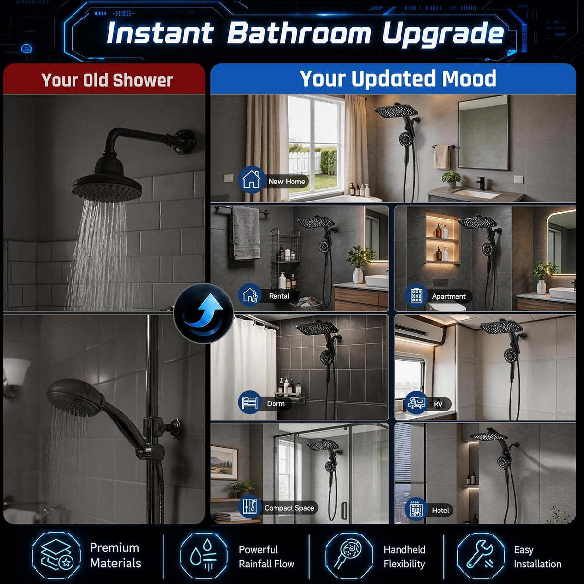 Veken 3 Way Rain Shower System with Magnetic Handheld – Matte Black Accent Fixture for Hotel Inspired Bathrooms