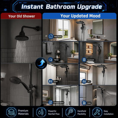 Veken 3 Way Rain Shower System with Magnetic Handheld – Matte Black Accent Fixture for Hotel Inspired Bathrooms