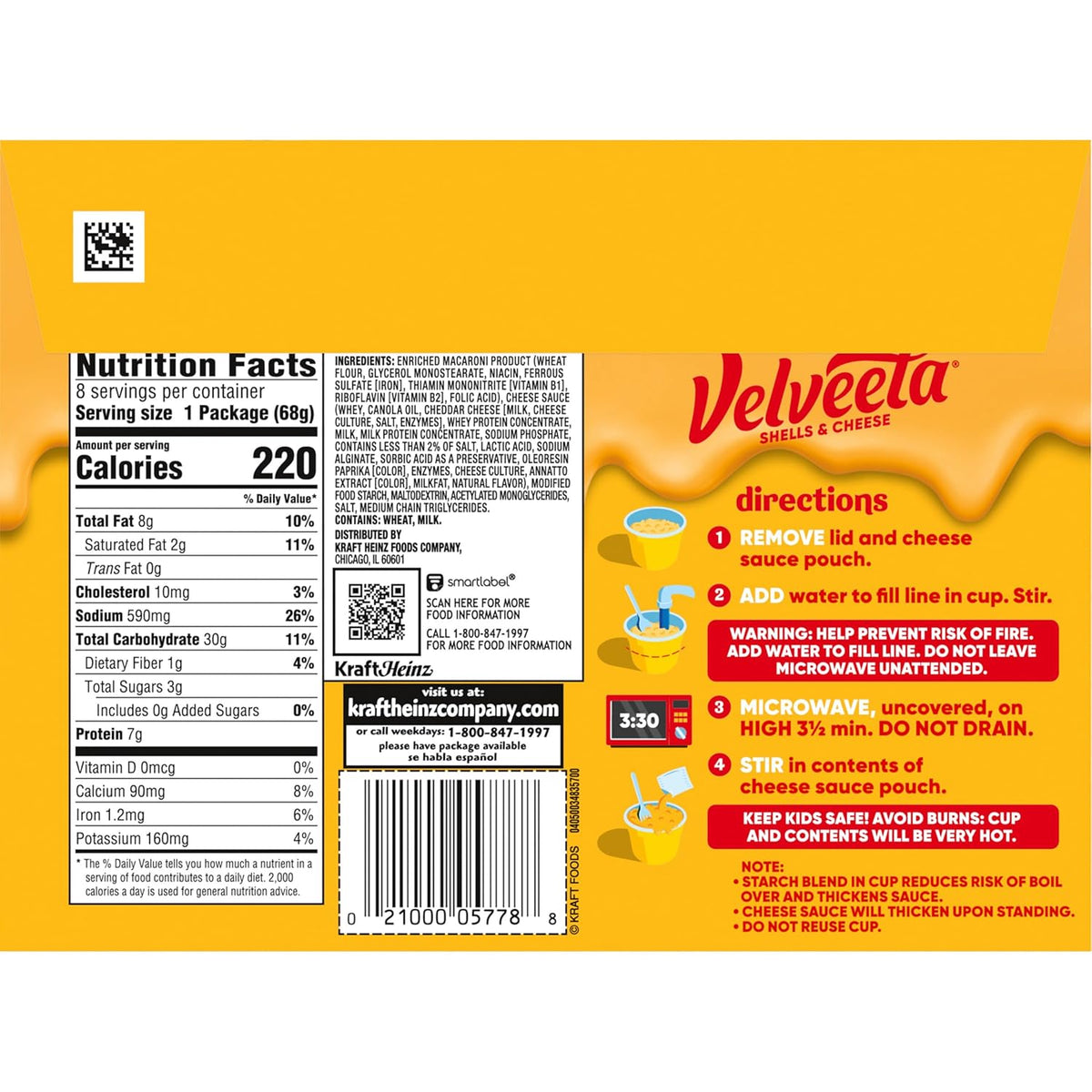 Velveeta Shells & Cheese Original Microwaveable Cup – Safe No-Stove Lunch for Young Children at Home, 8 ct Box