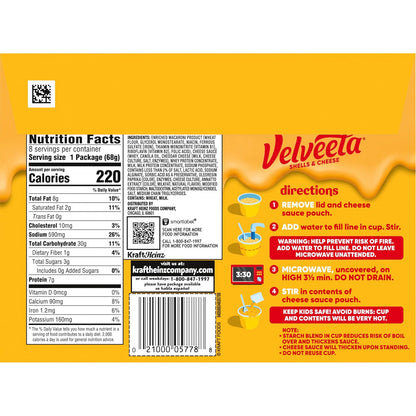 Velveeta Shells & Cheese Original Microwaveable Cup – Safe No-Stove Lunch for Young Children at Home, 8 ct Box