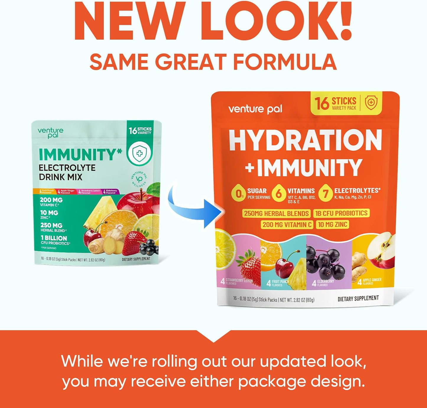 Venture Pal 2-in-1 Electrolyte + Immune Powder Sticks – Mindful Hydration Support for Wellness Enthusiasts, with Probiotics & 6 Vitamins