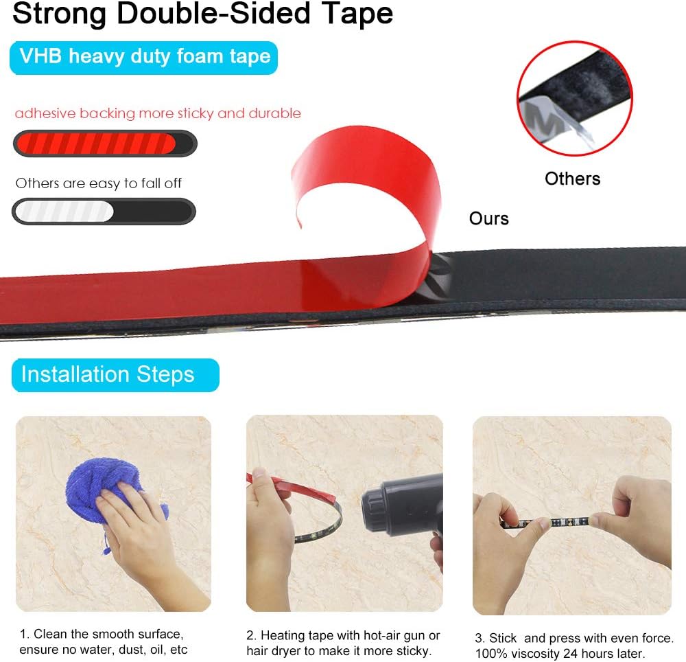 vhb heavy-duty foam mounting tape (upgradeable stickiness with heat gun pre-warming)