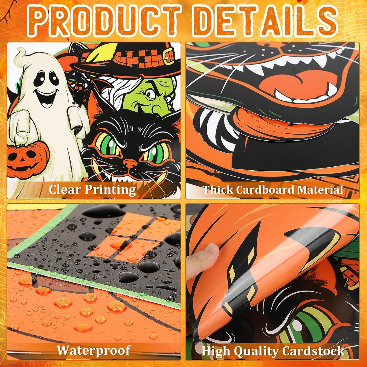 vintage halloween iconography: ghost, witch, pumpkin, haunted house, black cat in vibrant colors