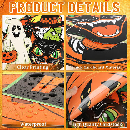 vintage halloween iconography: ghost, witch, pumpkin, haunted house, black cat in vibrant colors