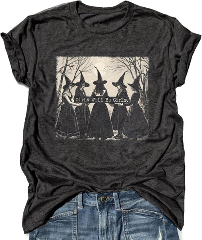 vintage-style graphic print with halloween motifs (pumpkins, ghosts, skeletons, 'boo', witches)