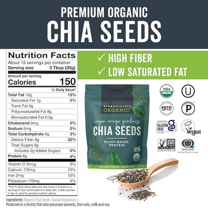 Viva Naturals Organic Chia Seeds 1 lb – Resealable Bag for Fast Smoothie Bar Setup, Sustained Energy and Pre-Workout Fuel