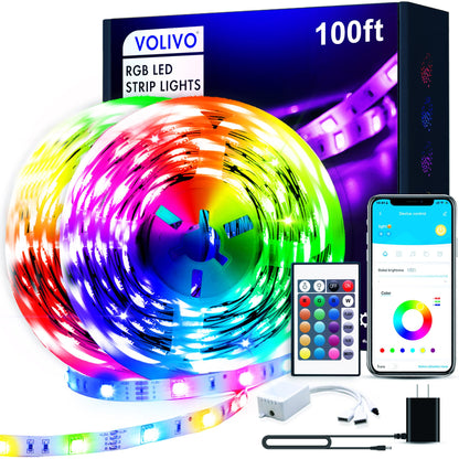 VOLIVO 100ft Led Strip Lights for Bedroom, Color Changing Led Light Strips Kit with Bluetooth App Control and IR Remote, RGB Music Sync Lighting for Room, Home Decor