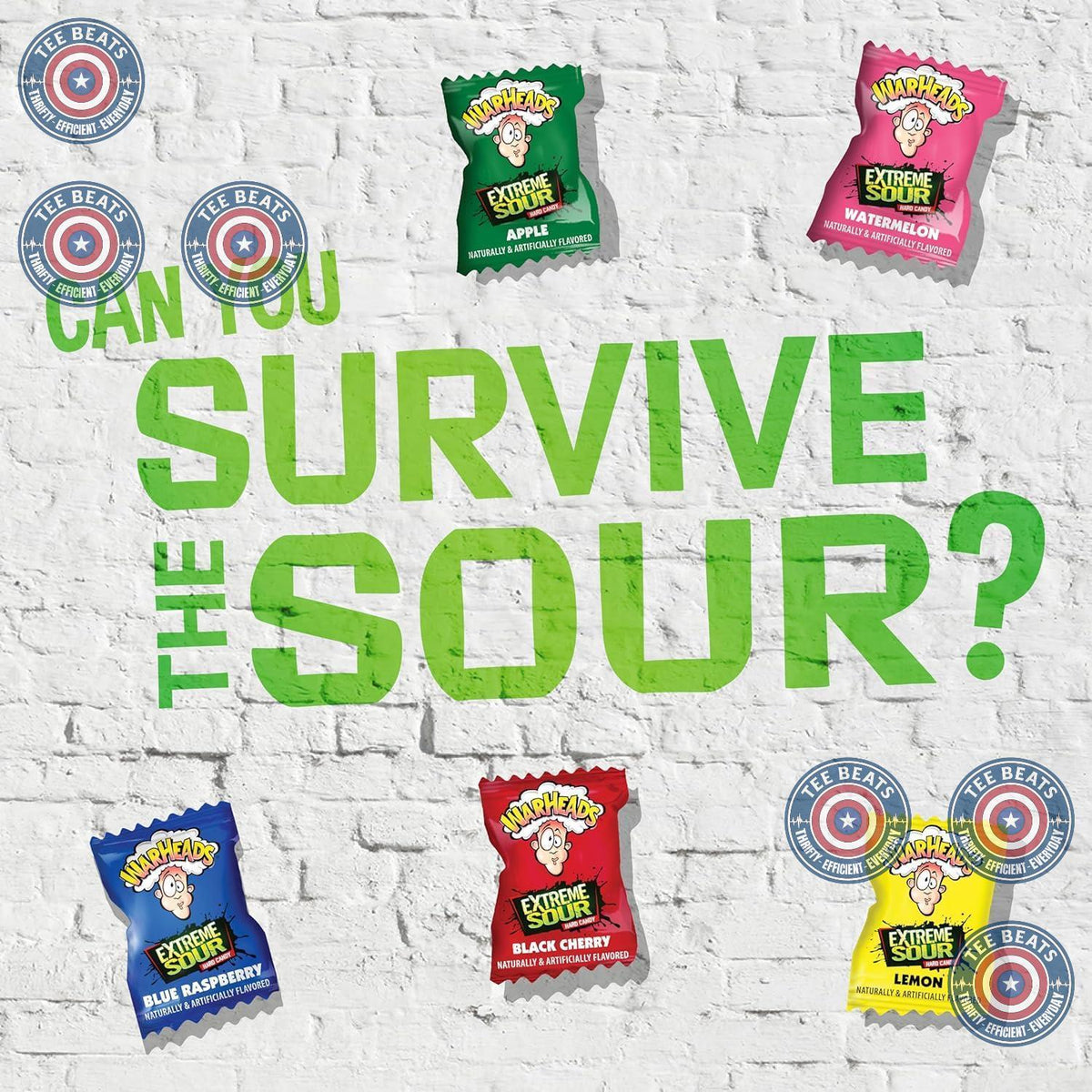 WARHEADS Extreme Sour Hard Candy Sour Apple Black Cherry Blue Raspberry Lemon Watermelon 2 oz Bag for Sour Challenge Playdates