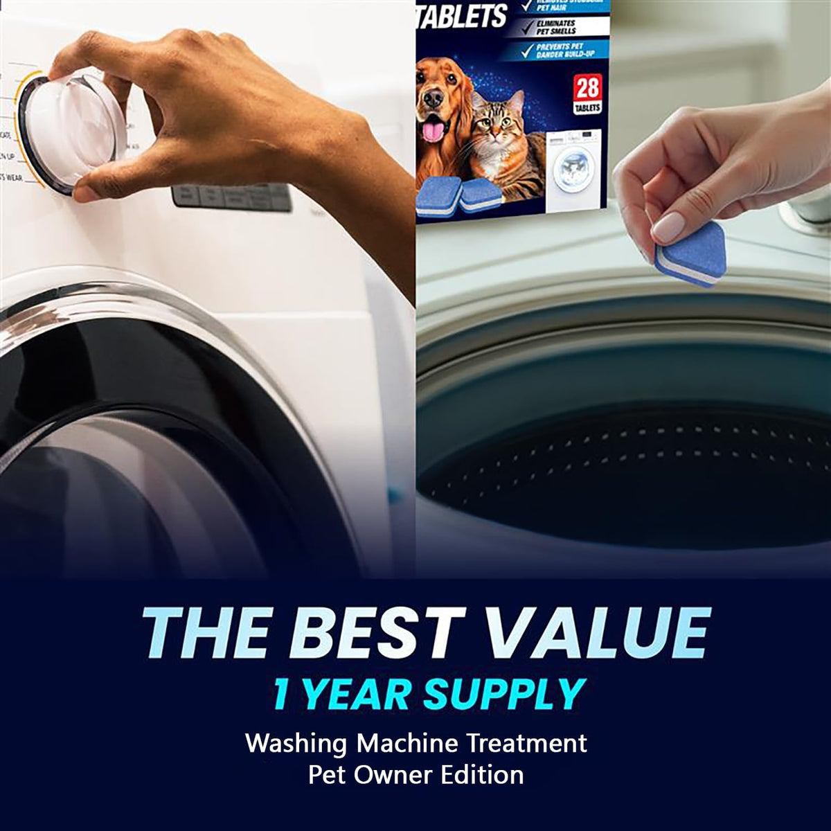 Washing Machine Cleaner Tablets – Pet-Safe and Septic-Safe Washer Maintenance, Unscented, 28 Count