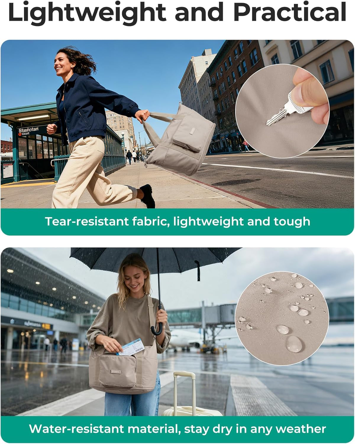 water-resistant polyester body with reinforced zippers and multiple compartments