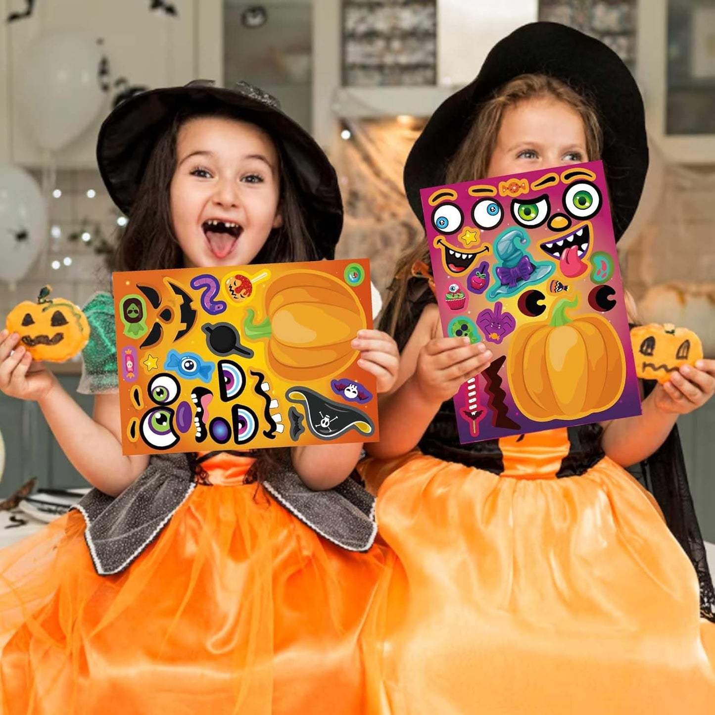 WATINC Pumpkin Face Stickers for Kids – 24 Sheet Make-a-Face Halloween Craft Set for Playroom and Kids Bedroom