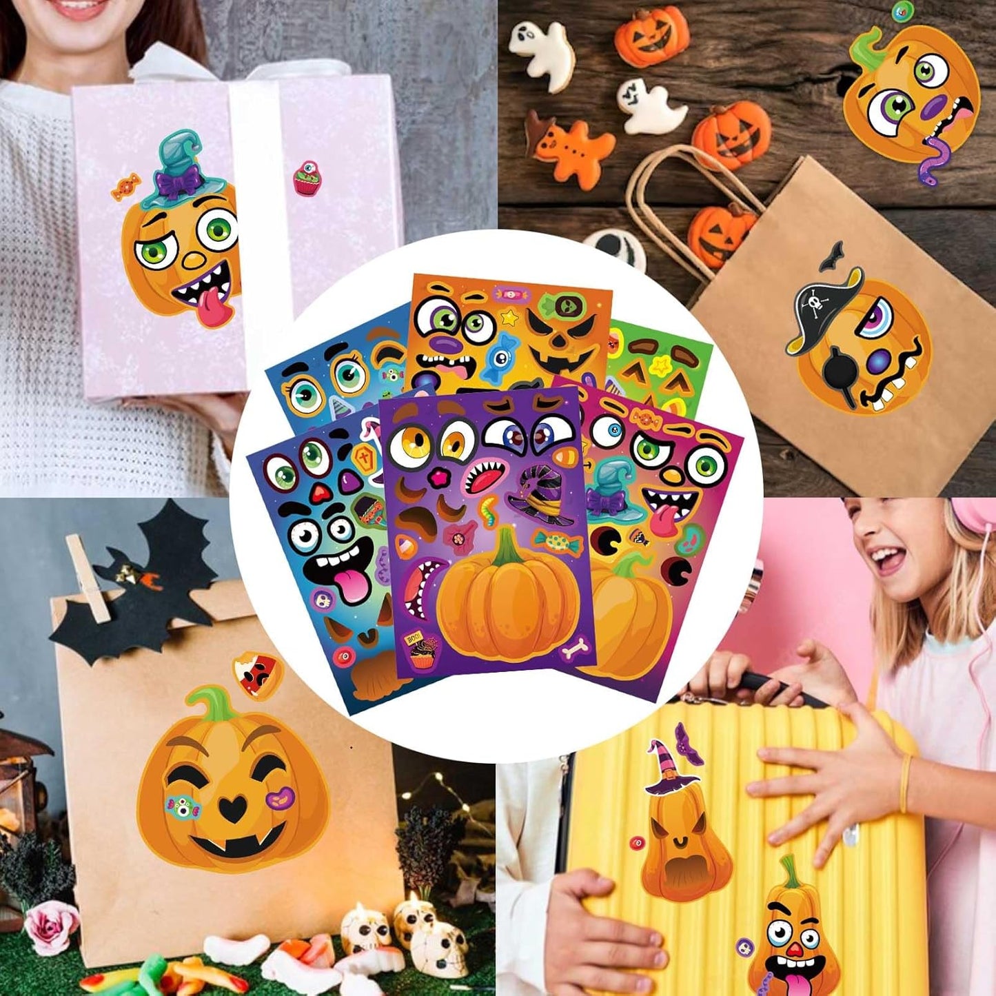 WATINC Pumpkin Face Stickers for Kids – 24 Sheet Make-a-Face Halloween Craft Set for Playroom and Kids Bedroom