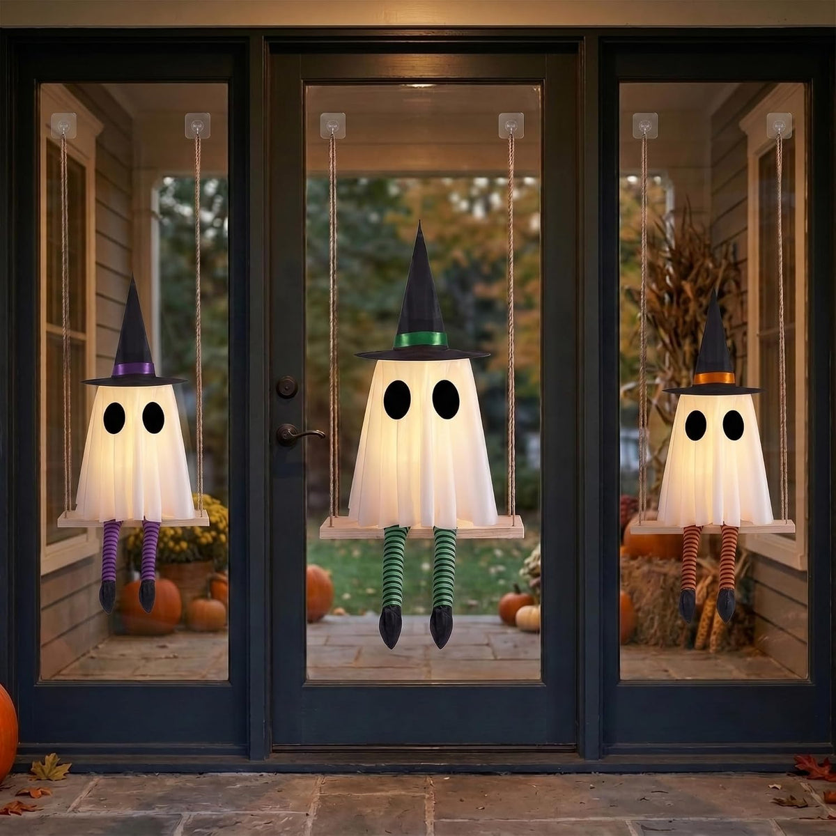 white gauze ghost body with printed eyes, black witch hat, and purple/green/orange striped witch legs