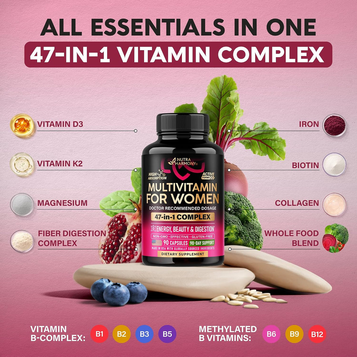whole-food blend featuring beet root, blueberry, carrot, cranberry, hibiscus, broccoli, pomegranate, spinach, and brussels sprouts