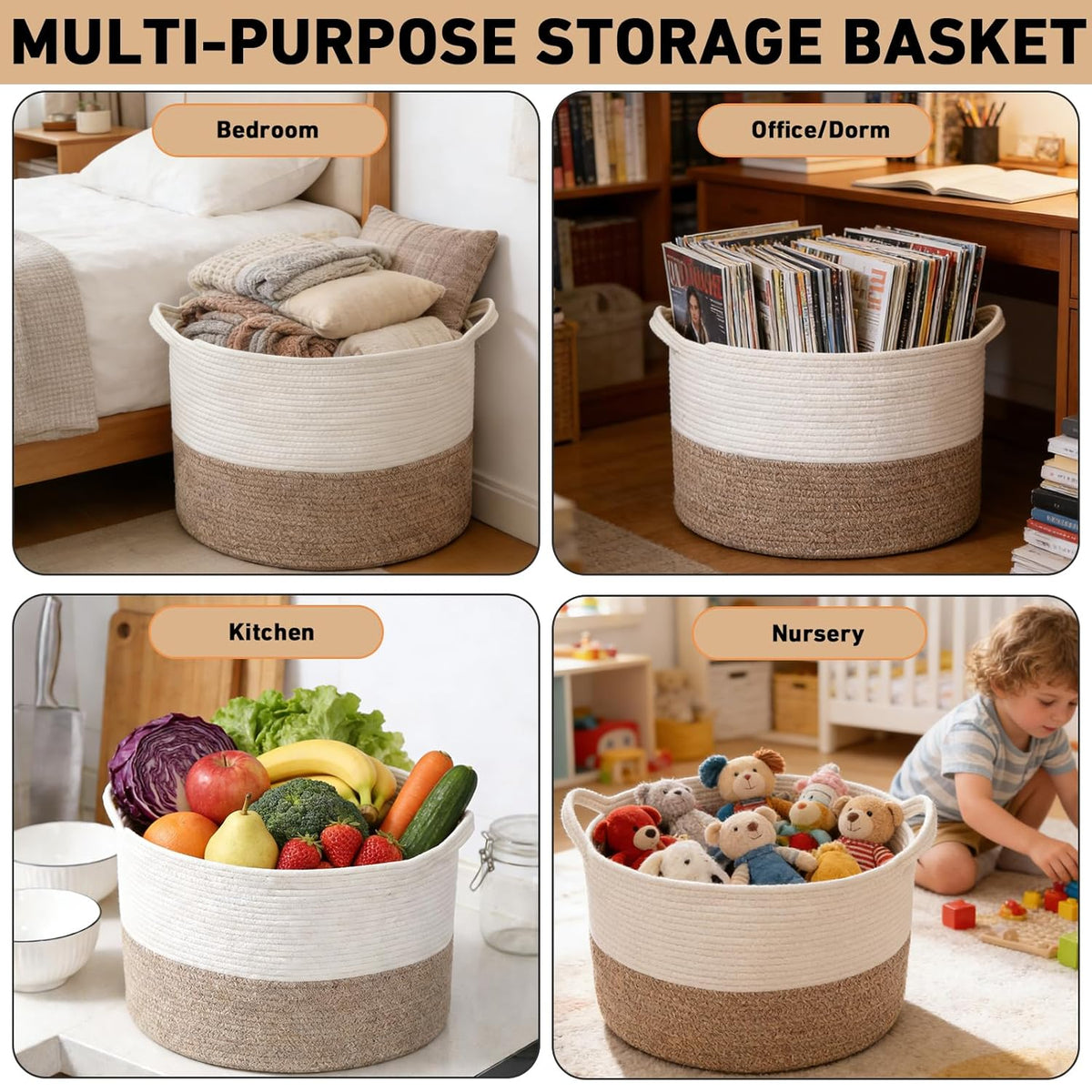 wide color range including neutrals (white, grey, black, brown, camel, jute), kid-friendly prints (rainbow, colorful, pink/blue), and tri-color combinations