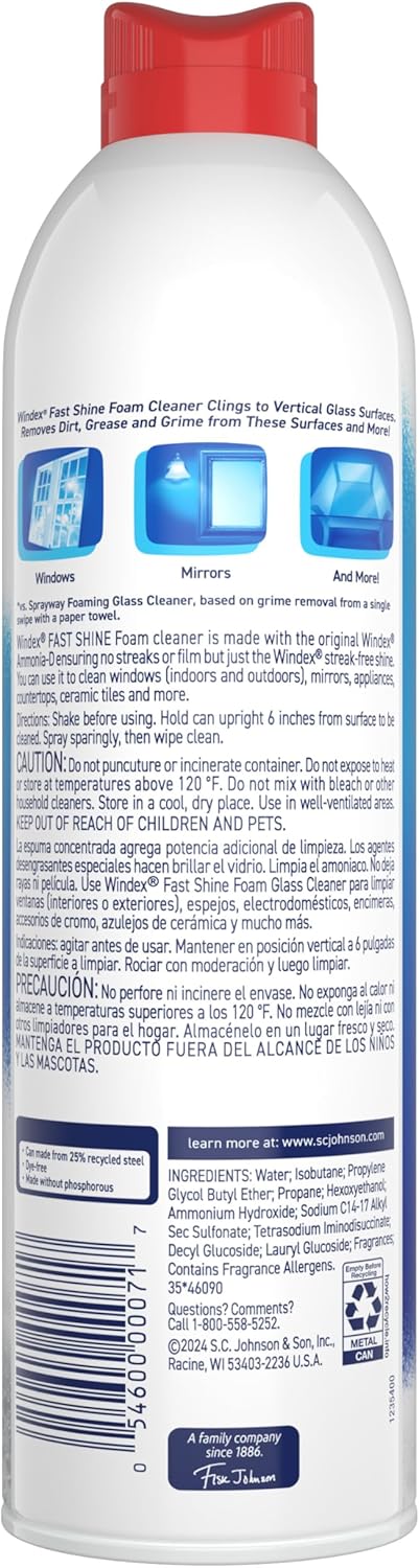 Windex Fast Shine Foam Glass Cleaner – Shared Kids Bathroom Mirror Care with No-Drip Foaming Formula