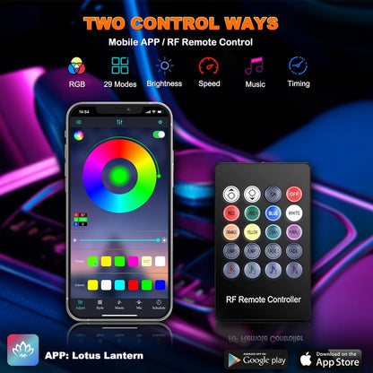 wireless control via 'lotus lantern' app (bluetooth) and included rf remote