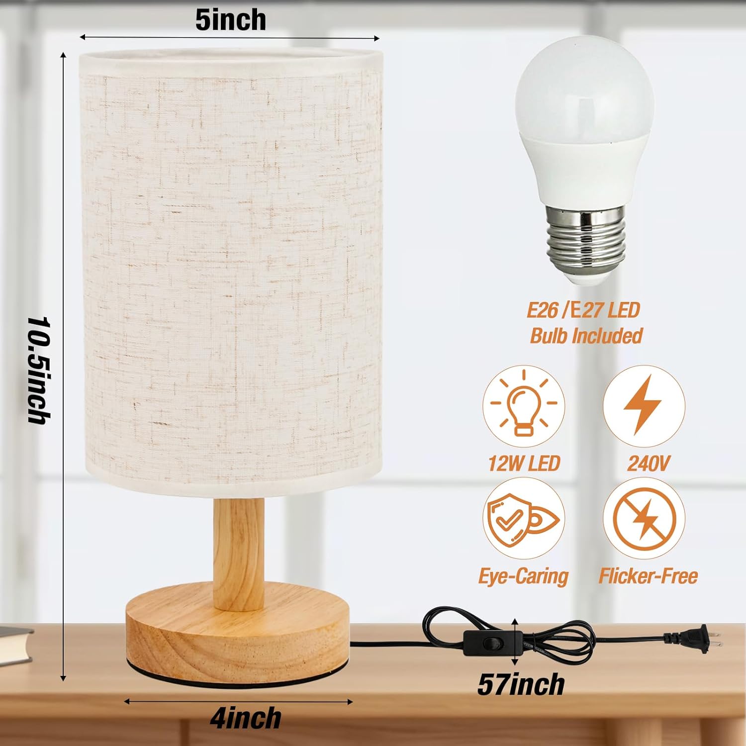 wood base with linen flaxen fabric shade that diffuses warm light softly