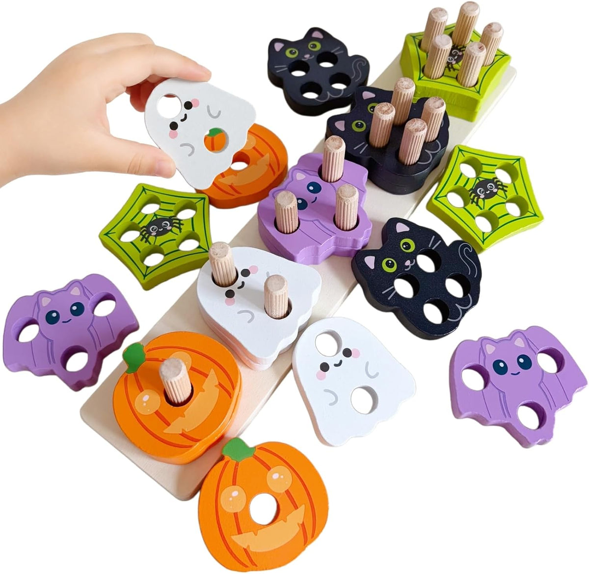 wooden base with 5 pegs sized for toddler grip and durability