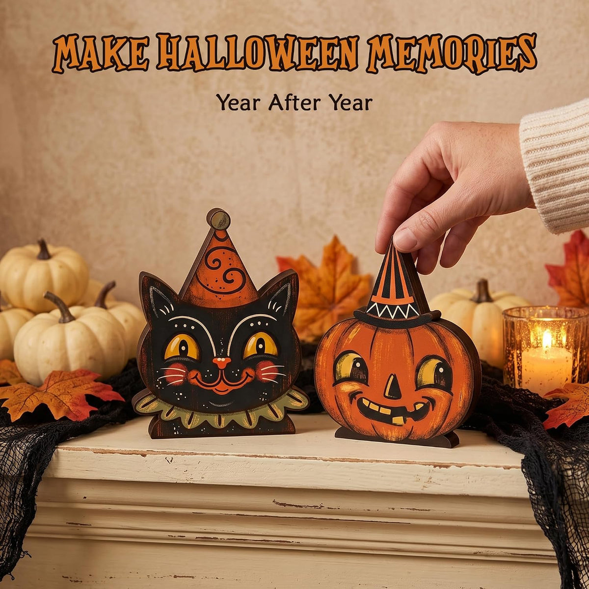 Wooden Halloween Decor – Compact Black Cat Pumpkin Signs for Clutter Free Mantel and Clean Seasonal Styling
