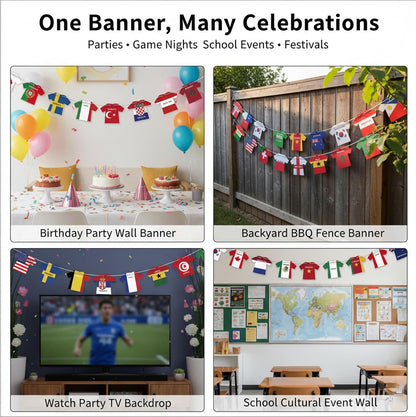 WorldDecor Child Friendly Family Room Soccer Banner 50 Piece International Jersey Flag Garland for Nursery and Playroom