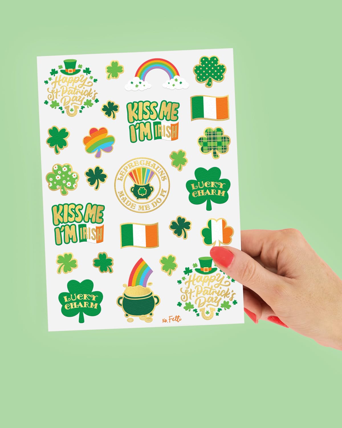 xo, Fetti St. Patrick's Day Tattoo Decor Pack - 50 Shamrock & Leprechaun Designs for Party Table Settings