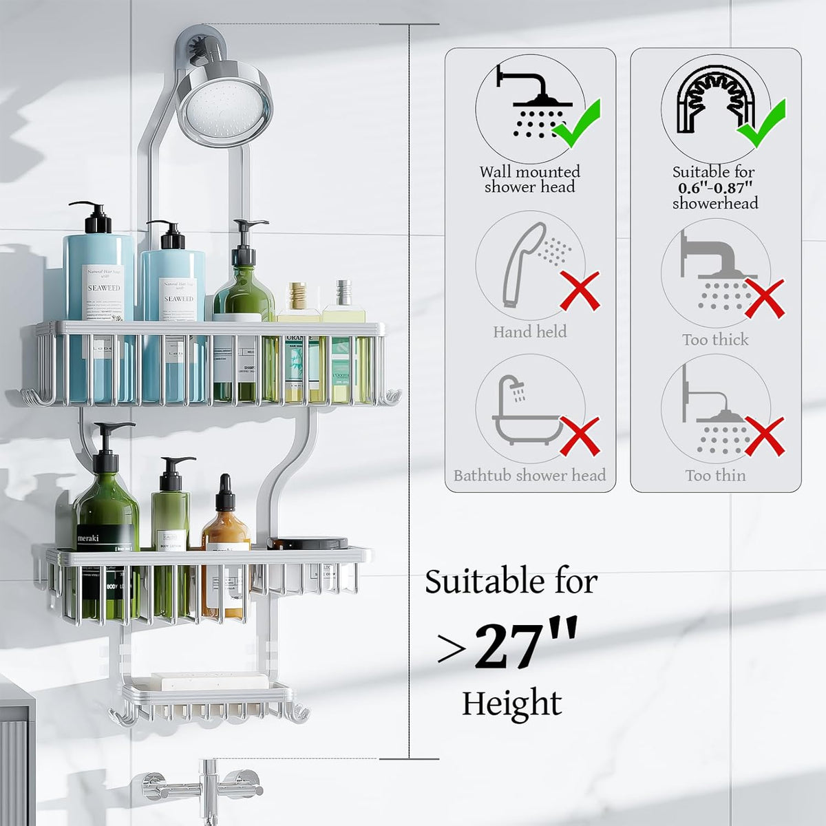 YASONIC 3-Tier Shower Caddy – Spa-Like Bathroom Organizer for Self-Care Routines, Hanging Aluminum Rack in White Finish