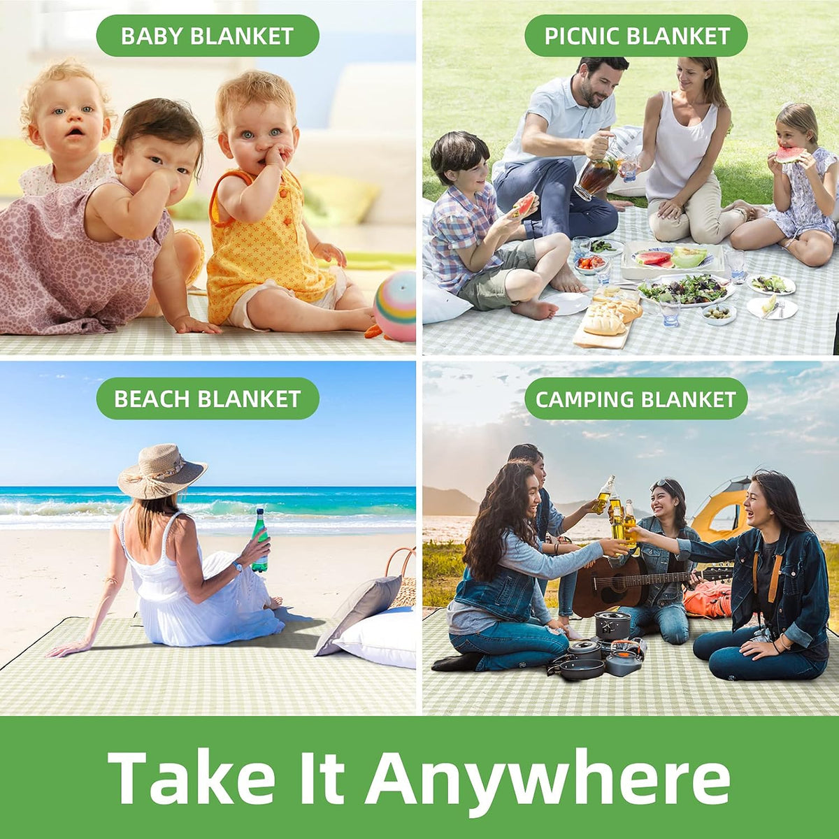 ZAZE Gingham Picnic Blanket – Child-Friendly Outdoor Mat for Playdates, Beach Trips, and Backyard Rest Time