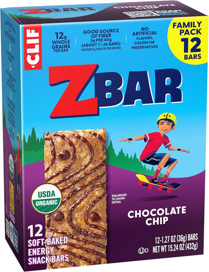 Zbar Chocolate Chip Energy Bars for Camping Trips, Soccer Sidelines, and Stroller Walks – Individually Wrapped 12-Pack