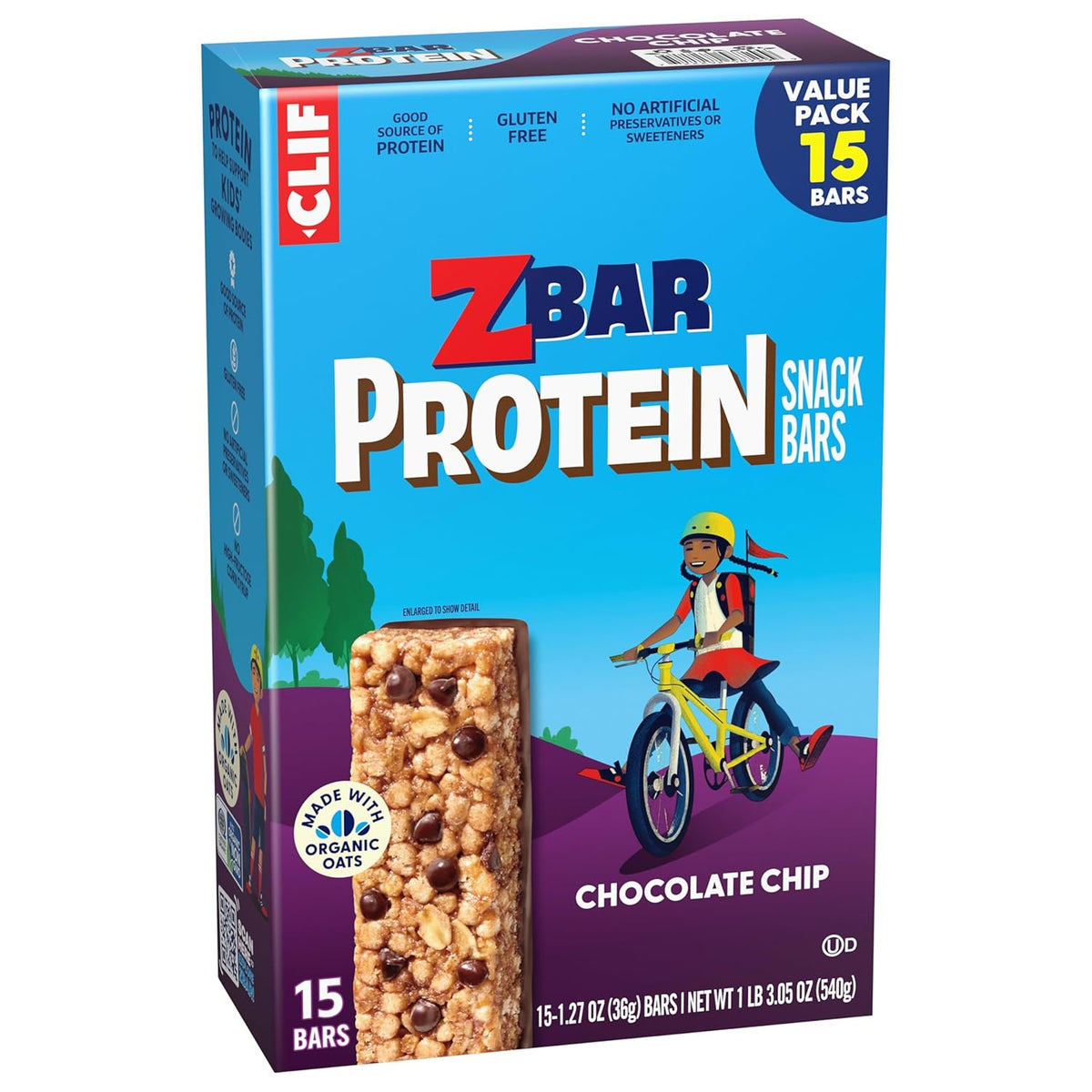 Zbar Protein Chocolate Chip - Non-GMO Protein Snack Bar for Health-Conscious Families, USDA Organic Oats (15 Pack)