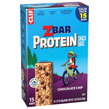 Zbar Protein Chocolate Chip - Non-GMO Protein Snack Bar for Health-Conscious Families, USDA Organic Oats (15 Pack)