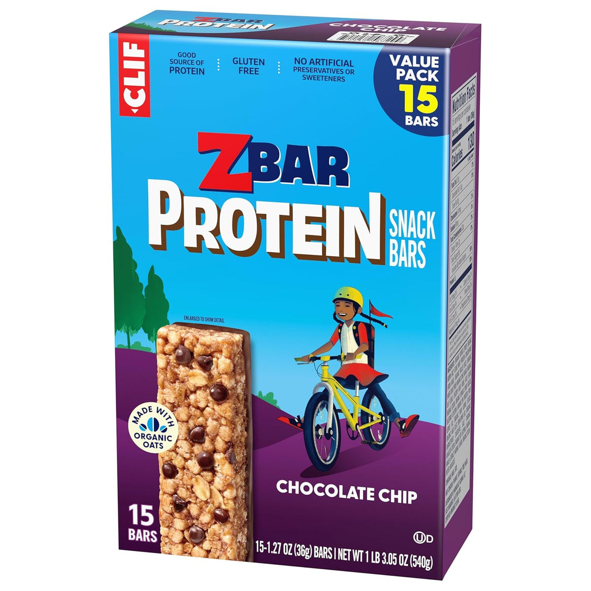 Zbar Protein Chocolate Chip - Non-GMO Protein Snack Bar for Health-Conscious Families, USDA Organic Oats (15 Pack)