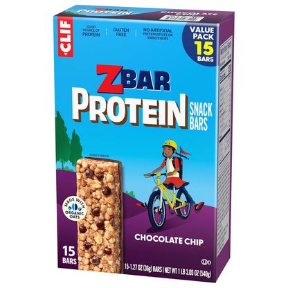 Zbar Protein Chocolate Chip - Non-GMO Protein Snack Bar for Health-Conscious Families, USDA Organic Oats (15 Pack)