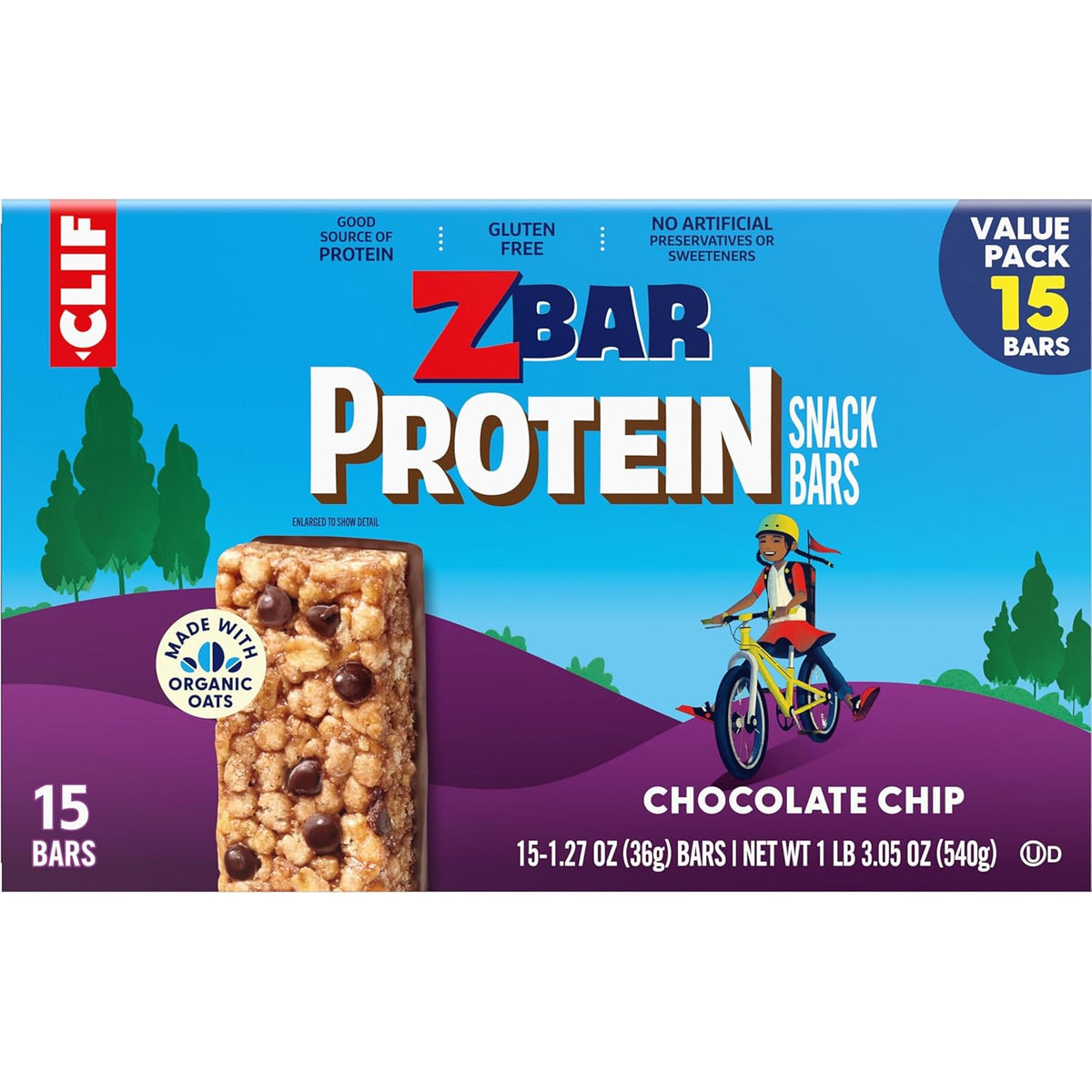 Zbar Protein Chocolate Chip - Non-GMO Protein Snack Bar for Health-Conscious Families, USDA Organic Oats (15 Pack)