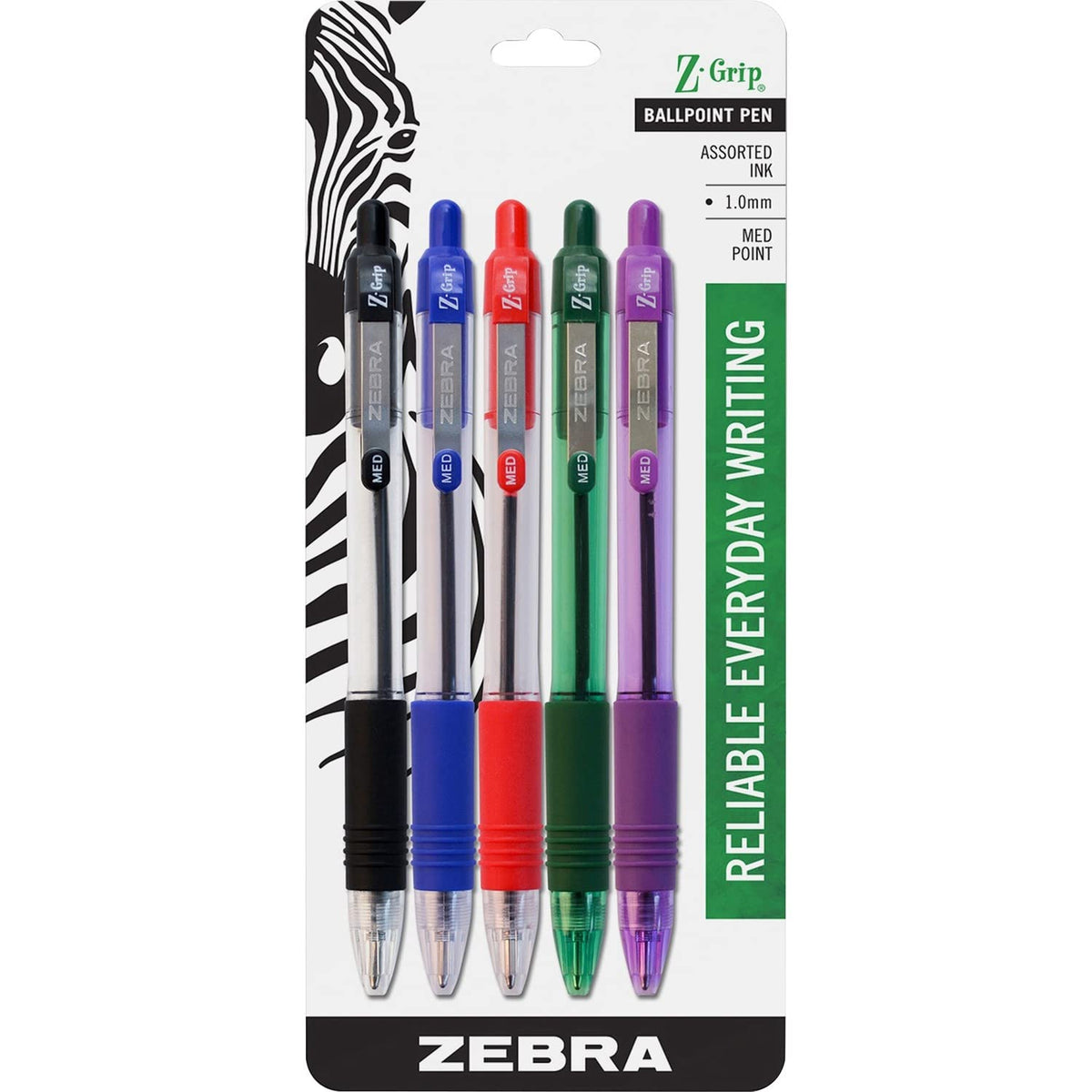 Zebra Pen Z-Grip Ballpoint Retractable Pen, 1.0mm, Assorted, 5-Pack