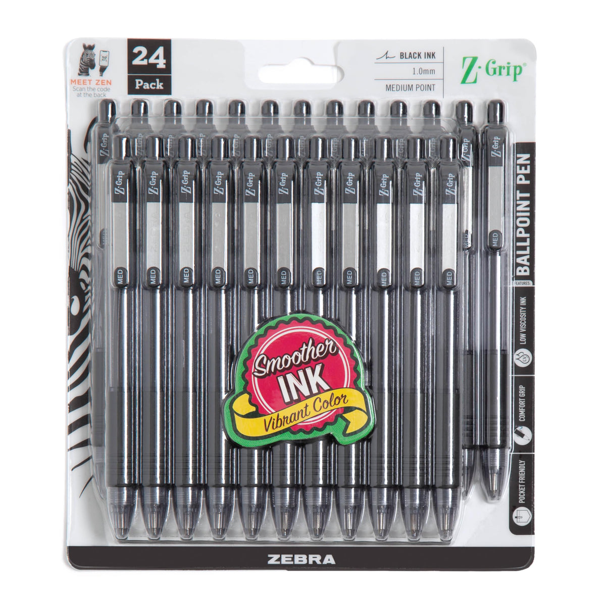 Zebra Pen Z-Grip Retractable Ballpoint Pen, Smooth-Flowing Black Ink, 1.0mm Medium Point, School &amp;amp; Office Supplies, Ideal for Note-Taking, Journal and Planner Use, 24-Pack (12221)